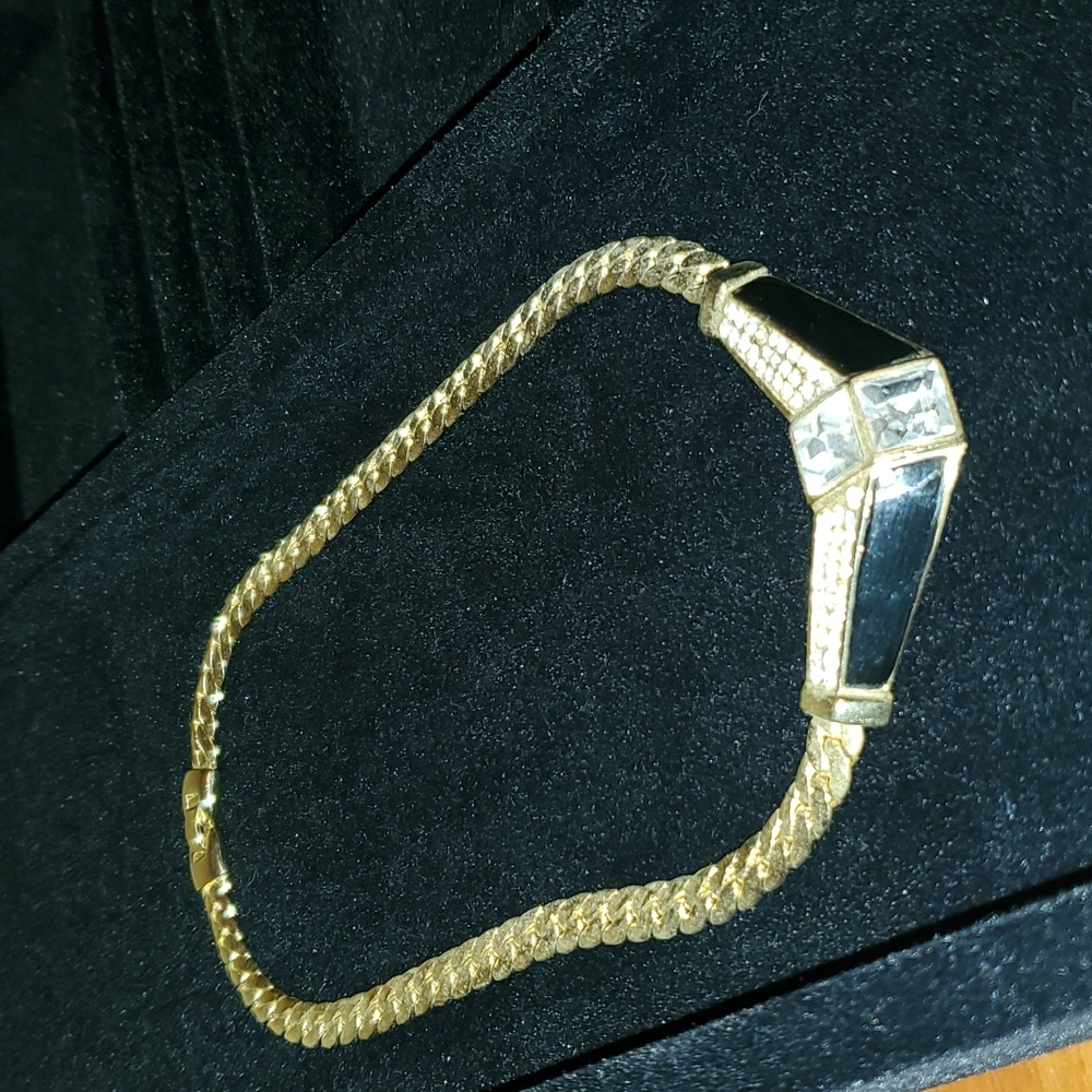 Vintage Black, Gold toned & Rhinestone Chunky Fashion Necklace 8"